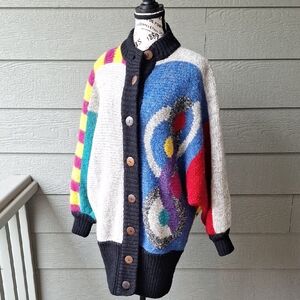 Vintage 80s 90s Tony Lambert Wool Clowncore Colorful Whimsical Cardigan Sz L